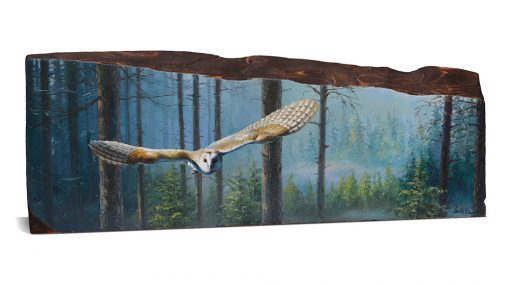 Tyto alba / Lechuza común / Barn olw - Obra realizada al óleo sobre bloque de madera de cerezo / Oil painting on cherrywood - 61 × 22,5 × 2,5 cm - © Lucía Gómez Serra
