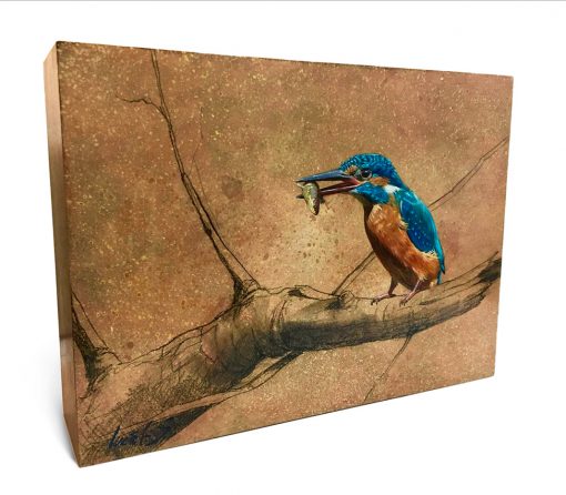 Alcedo atthis / Martín pescador común / Common kingfisher - Óleo sobre bloque de madera de mongoy / Oil painting on mongoy wood - 25,6 x 18,7 x 6,5 cm - © Lucía Gómez Serra