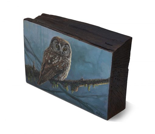 Aegolius funereus / Mochuelo boreal / Tengmalm’s owl - Óleo sobre bloque de madera de haya / Oil painting on beech wood - 26 x 16,5 x 6,5 cm - © Lucía Gómez Serra