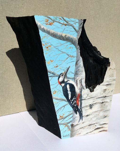 Pico picapinos / Great spotted woodpecker / Dendrocopos major - Obra realizada al óleo sobre bloque de madera / Oil painting wood – © Lucía Gómez Serra