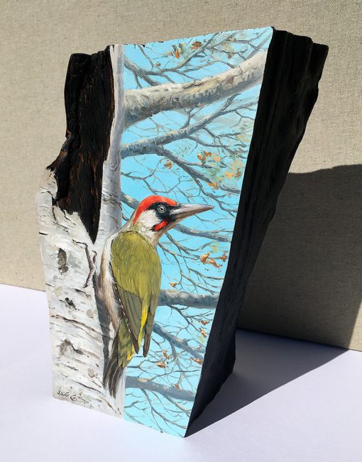 Pito real / European Green Woodpecker / Picus viridis - Obra realizada al óleo sobre bloque de madera / Oil painting wood - © Lucía Gómez Serra